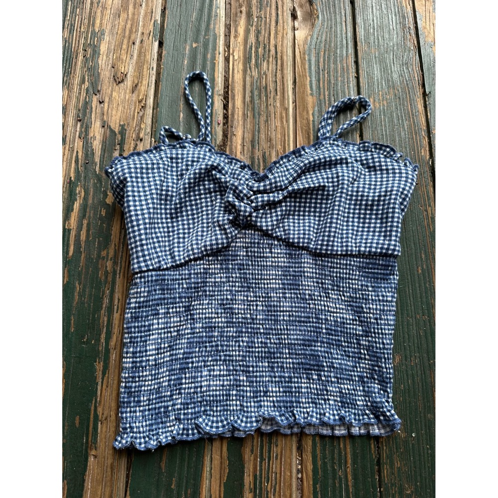 Wild Fable Blue Gingham Smocked Crop Top Twist Front Ruffle Trim Small